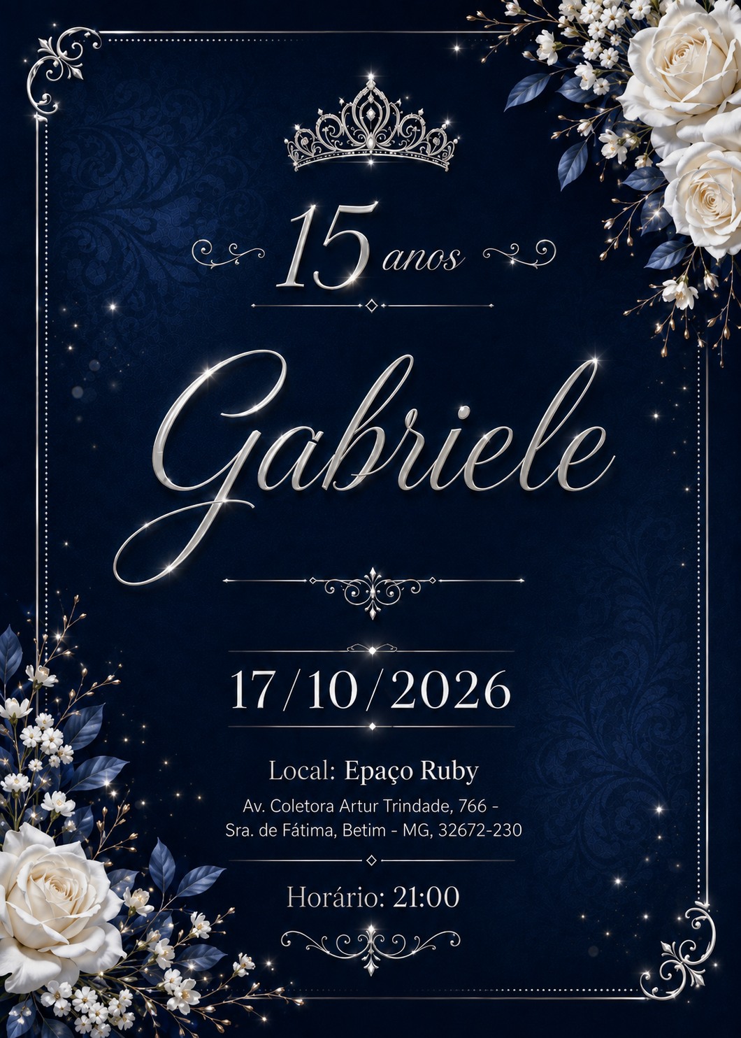 Convite dos 15 anos de Gabriele, em azul-marinho e branco, com flores e uma coroa.